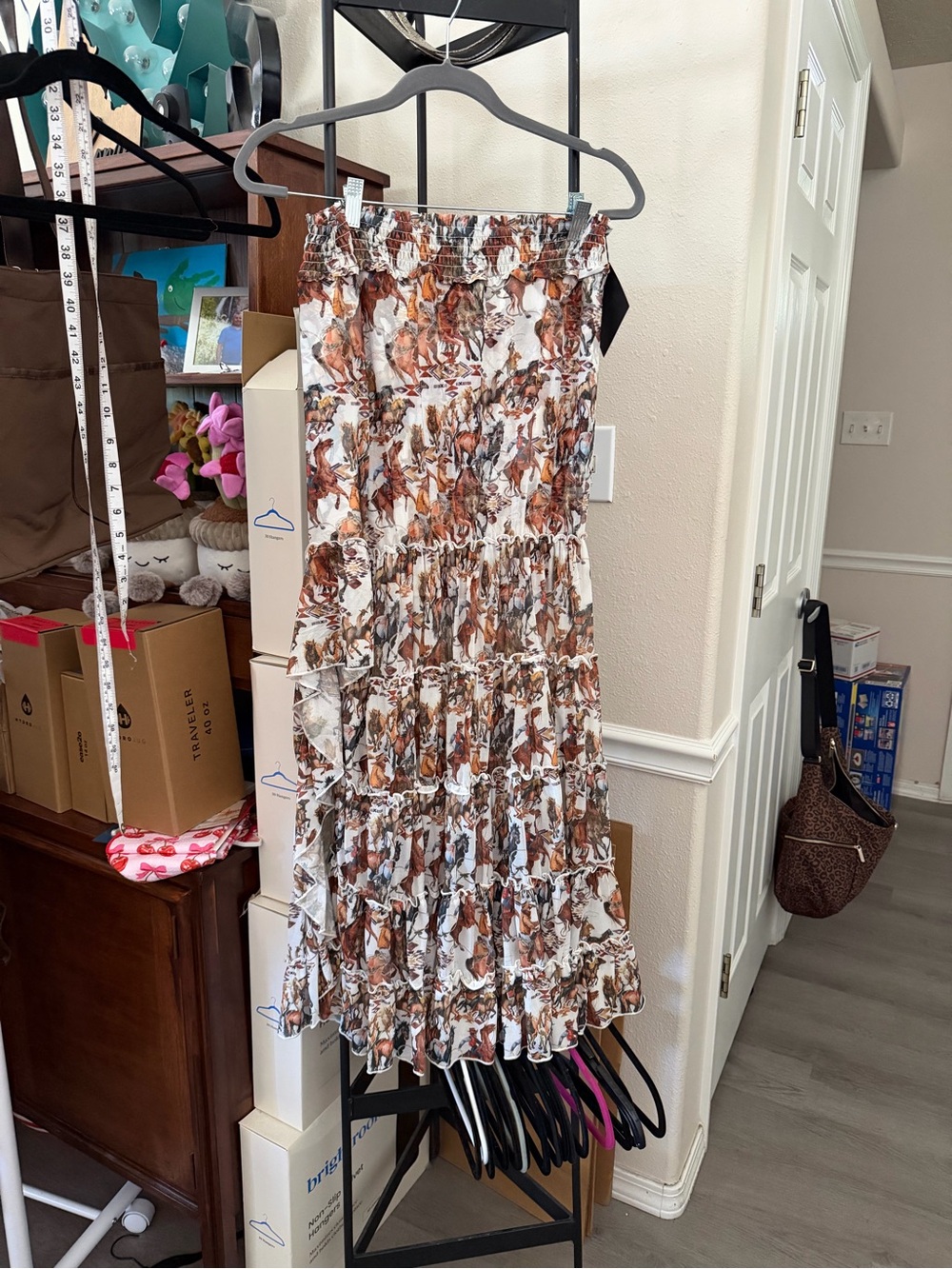 Tiered Ruffled Maxi Skirt with Brown Horse Print